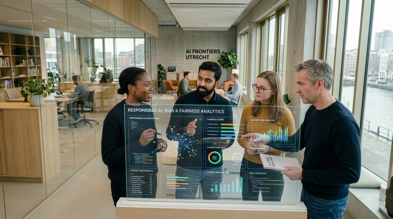 AI Fronteers aan het werk in de studio in Utrecht, vier mensen rond een datadisplay.
